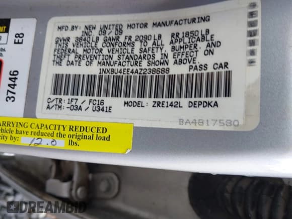 ✅ 2010 Toyota Corolla • VIN: 1NXBU4EE4AZ238688 • Lot: 42351949. Listed on IAAI with 71,770 mi. Free auction sales archive from the USA and detailed vehicle history report at DreamBid. Image 9.