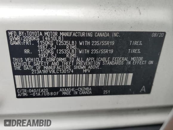 ✅ 2020 Toyota RAV4 XLE Premium • VIN: 2T3A1RFV9LC130174 • Лот: 86096595. Опубликован ранее на Copart с пробегом 95 633 миль. Бесплатный доступ к архиву аукционных продаж из США и подробный отчёт об истории автомобиля на DreamBid. Изображение 13.