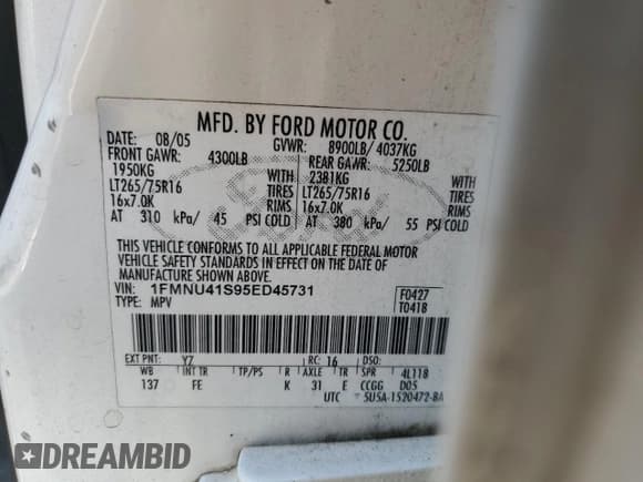 ✅ 2005 Ford Excursion Special Serv • VIN: 1FMNU41S95ED45731 • Lot: 67229434. Wystawiony na Copart z przebiegiem 186 299 mil. Bezpłatny archiwum sprzedaży aukcyjnych z USA i szczegółowy raport historii pojazdu na DreamBid. Zdjęcie 13.