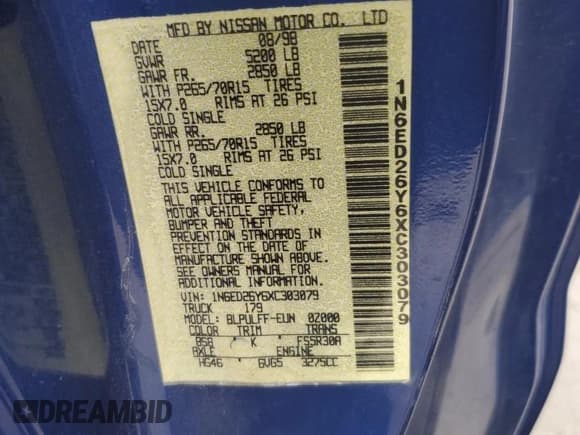 ✅ 1999 Nissan Frontier XE • VIN: 1N6ED26Y6XC303079 • Lot: 68223355. Wystawiony na Copart z przebiegiem 106 197 mil. Bezpłatny archiwum sprzedaży aukcyjnych z USA i szczegółowy raport historii pojazdu na DreamBid. Zdjęcie 13.