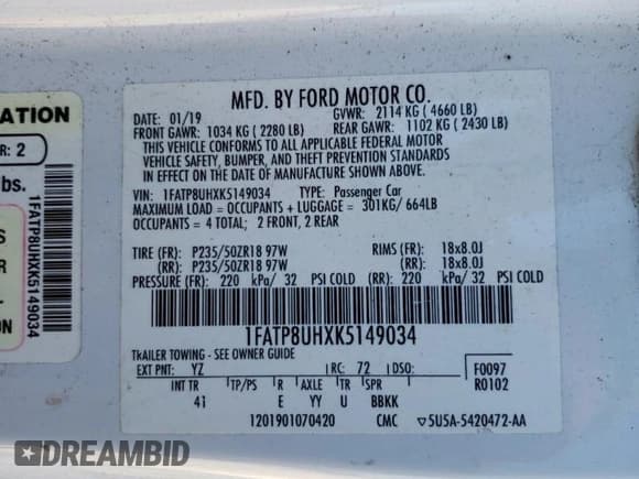 ✅ 2019 Ford Mustang EcoBoost Premium • VIN: 1FATP8UHXK5149034 • Lot: 82496025. Listed on Copart with 128,244 mi. Free auction sales archive from the USA and detailed vehicle history report at DreamBid. Image 12.