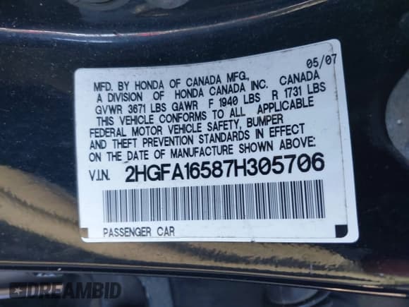 ✅ 2007 Honda Civic LX • VIN: 2HGFA16587H305706 • Лот: 43710604. Опубликован ранее на IAAI с пробегом 162 485 миль. Бесплатный доступ к архиву аукционных продаж из США и подробный отчёт об истории автомобиля на DreamBid. Изображение 9.