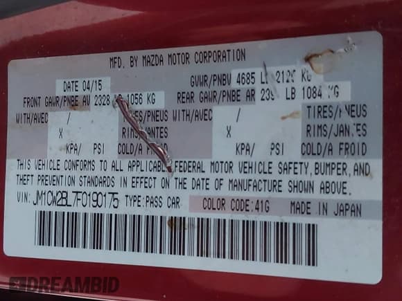 ✅ 2015 Mazda 5 Sport • VIN: JM1CW2BL7F0190175 • Lot: 43881270. Listed on IAAI with 145,214 mi. Free auction sales archive from the USA and detailed vehicle history report at DreamBid. Image 9.