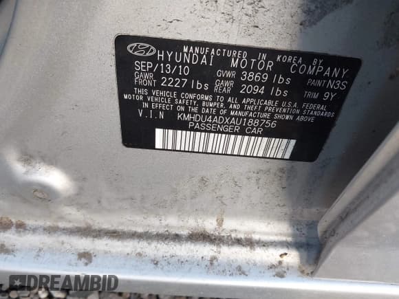 ✅ 2010 Hyundai Elantra GLS • VIN: KMHDU4ADXAU188756 • Lot: 43274005. Listed on IAAI with Not provided. Free auction sales archive from the USA and detailed vehicle history report at DreamBid. Image 9.