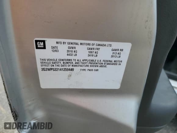 ✅ 2004 Pontiac Grand Prix GT1 • VIN: 2G2WP522141259449 • Лот: 86073875. Опубликован ранее на Copart с пробегом 173 542 миль. Бесплатный доступ к архиву аукционных продаж из США и подробный отчёт об истории автомобиля на DreamBid. Изображение 13.