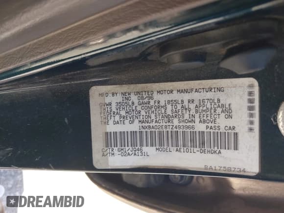 ✅ 1996 Toyota Corolla • VIN: 1NXBA02E8TZ493966 • Lot: 43775910. Listed on IAAI with 274,782 mi. Free auction sales archive from the USA and detailed vehicle history report at DreamBid. Image 9.