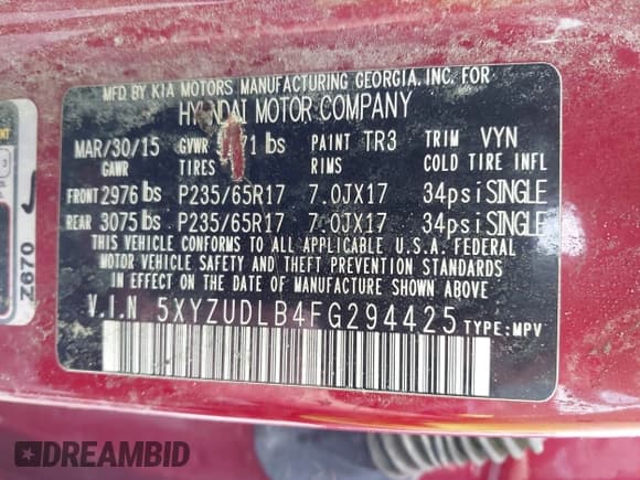 ✅ 2015 Hyundai Santa Fe • VIN: 5XYZUDLB4FG294425 • Lot: 42642628. Listed on IAAI with 89,000 mi. Free auction sales archive from the USA and detailed vehicle history report at DreamBid. Image 9.