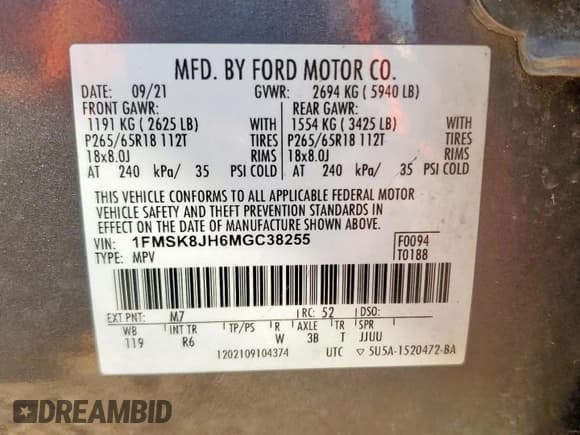 ✅ 2021 Ford Explorer Timberline • VIN: 1FMSK8JH6MGC38255 • Лот: 71723565. Опубликован ранее на Copart с пробегом 58 669 миль. Бесплатный доступ к архиву аукционных продаж из США и подробный отчёт об истории автомобиля на DreamBid. Изображение 14.