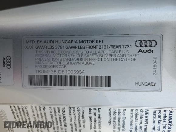 ✅ 2008 Audi TT 2.0T • VIN: TRUMF38J281005954 • Lot: 81507474. Wystawiony na Copart z przebiegiem 87 990 mil. Bezpłatny archiwum sprzedaży aukcyjnych z USA i szczegółowy raport historii pojazdu na DreamBid. Zdjęcie 14.