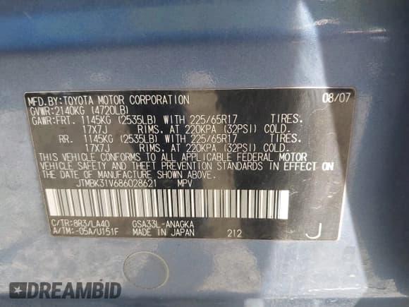 ✅ 2008 Toyota RAV4 Limited • VIN: JTMBK31V686028621 • Lot: 42703850. Listed on IAAI with Not provided. Free auction sales archive from the USA and detailed vehicle history report at DreamBid. Image 9.