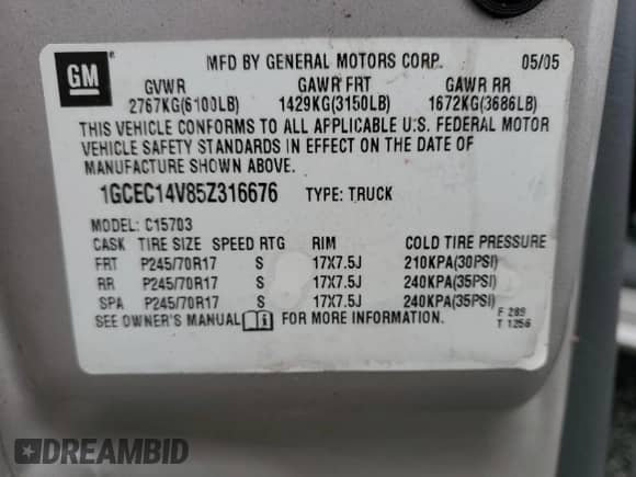 2005 Chevrolet Silverado 1500 Work Truck с VIN 1GCEC14V85Z316676, выставлен на аукционе Copart как лот 48424985 с пробегом 51 310 миль миль и На запчасти • Non repairable. История ставок и продаж доступна на DreamBid. Изображение 12.