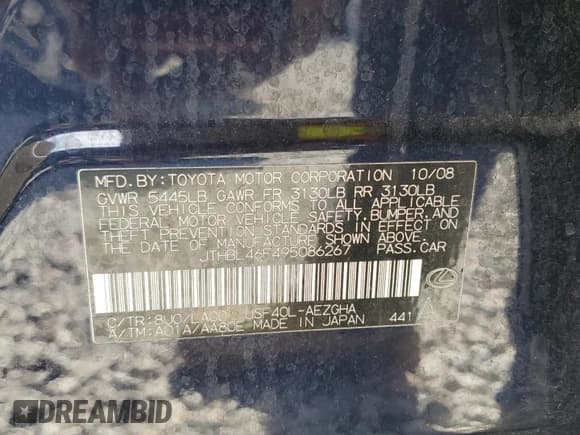 ✅ 2009 Lexus LS 460 • VIN: JTHBL46F495086267 • Lot: 50004355. Listed on Copart with 114,937 mi. Free auction sales archive from the USA and detailed vehicle history report at DreamBid. Image 14.