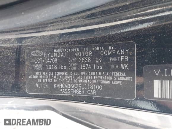 2009 Hyundai Accent Auto GS with VIN KMHCM36C39U118100, listed as a IAAI auction lot 43287342 with 134,356 mi miles and . Bid and sale history available at DreamBid. Image 9.