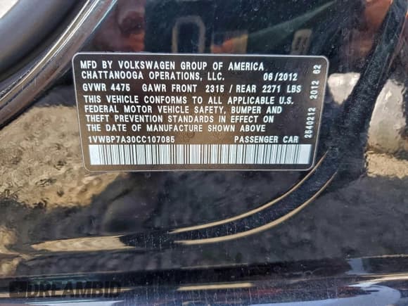✅ 2012 Volkswagen Passat SE • VIN: 1VWBP7A30CC107085 • Lot: 93775855. Listed on Copart with 100,887 mi. Free auction sales archive from the USA and detailed vehicle history report at DreamBid. Image 13.