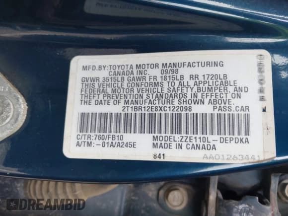 ✅ 1999 Toyota Corolla VE • VIN: 2T1BR12E8XC122098 • Lot: 43863270. Listed on IAAI with 235,905 mi. Free auction sales archive from the USA and detailed vehicle history report at DreamBid. Image 9.