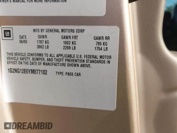 ✅ 2000 Pontiac Grand Am • VIN: 1G2NG12E6YM877102 • Lot: 43741890. Listed on IAAI with 122,686 mi. Free auction sales archive from the USA and detailed vehicle history report at DreamBid. Image 9.