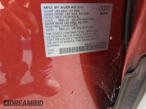 ✅ 2007 Audi Q7 Premium • VIN: WA1BY74L37D096878 • Lot: 62422935. Listed on Copart with 212,632 mi. Free auction sales archive from the USA and detailed vehicle history report at DreamBid. Image 13.