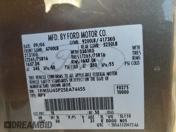 ✅ 2005 Ford Excursion Eddie Bauer • VIN: 1FMSU45P25EA74455 • Лот: 48485385. Опубликован ранее на Copart с пробегом 253 767 миль. Бесплатный доступ к архиву аукционных продаж из США и подробный отчёт об истории автомобиля на DreamBid. Изображение 13.