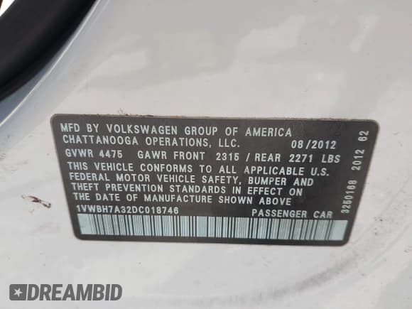 ✅ 2013 Volkswagen Passat SE • VIN: 1VWBH7A32DC018746 • Лот: 42694849. Опубликован ранее на IAAI с пробегом 172 814 миль. Бесплатный доступ к архиву аукционных продаж из США и подробный отчёт об истории автомобиля на DreamBid. Изображение 9.