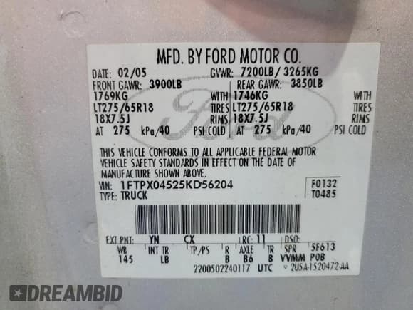 ✅ 2005 Ford F-150 XLT • VIN: 1FTPX04525KD56204 • Лот: 95259865. Опубликован ранее на Copart с пробегом 191 210 миль. Бесплатный доступ к архиву аукционных продаж из США и подробный отчёт об истории автомобиля на DreamBid. Изображение 12.