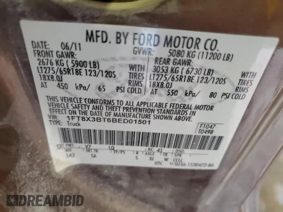 ✅ 2011 Ford F-350 XL • VIN: 1FT8X3BT6BED01501 • Lot: 47416685. Listed on Copart with 220,845 mi. Free auction sales archive from the USA and detailed vehicle history report at DreamBid. Image 12.