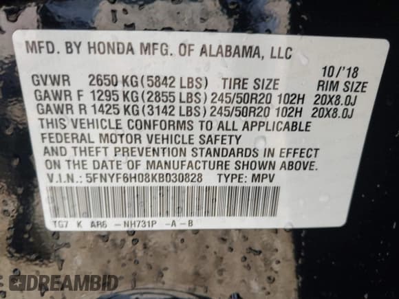 ✅ 2019 Honda Pilot Elite • VIN: 5FNYF6H08KB030828 • Лот: 43657441. Опубликован ранее на IAAI с пробегом 105 944 миль. Бесплатный доступ к архиву аукционных продаж из США и подробный отчёт об истории автомобиля на DreamBid. Изображение 9.