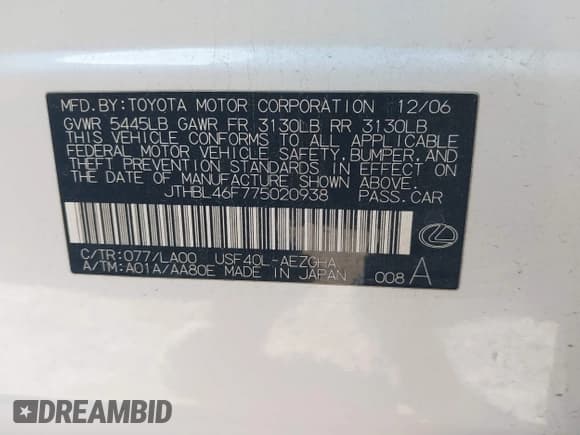 ✅ 2007 Lexus LS 460 • VIN: JTHBL46F775020938 • Lot: 43879251. Listed on IAAI with 184,307 mi. Free auction sales archive from the USA and detailed vehicle history report at DreamBid. Image 9.