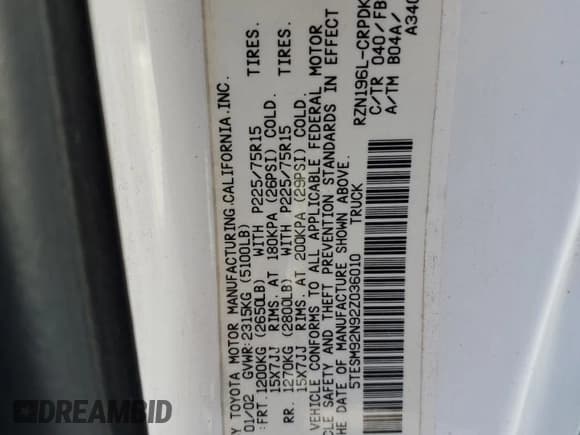 ✅ 2002 Toyota Tacoma PreRunner • VIN: 5TESM92N92Z036010 • Lot: 82738195. Wystawiony na Copart z przebiegiem 142 885 mil. Bezpłatny archiwum sprzedaży aukcyjnych z USA i szczegółowy raport historii pojazdu na DreamBid. Zdjęcie 12.