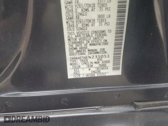 ✅ 2007 Nissan Titan XE • VIN: 1N6BA07A87N235051 • Лот: 69462445. Опубликован ранее на Copart с пробегом 230 110 миль. Бесплатный доступ к архиву аукционных продаж из США и подробный отчёт об истории автомобиля на DreamBid. Изображение 13.