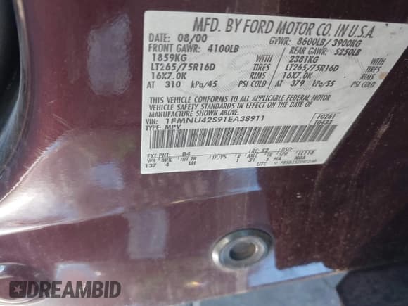 ✅ 2001 Ford Excursion Limited • VIN: 1FMNU42S91EA38911 • Lot: 43901211. Listed on IAAI with 151,972 mi. Free auction sales archive from the USA and detailed vehicle history report at DreamBid. Image 9.