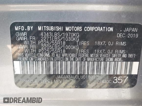 ✅ 2020 Mitsubishi Outlander ES • VIN: JA4AR3AU0LU018017 • Lot: 42891559. Listed on IAAI with 77,061 mi. Free auction sales archive from the USA and detailed vehicle history report at DreamBid. Image 9.