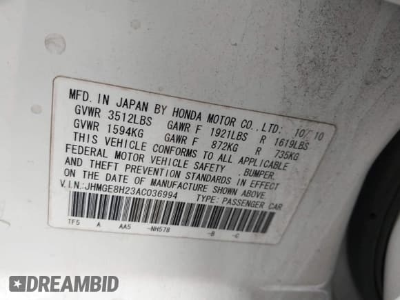 ✅ 2010 Honda Fit • VIN: JHMGE8H23AC036994 • Lot: 43029579. Listed on IAAI with 109,030 mi. Free auction sales archive from the USA and detailed vehicle history report at DreamBid. Image 9.
