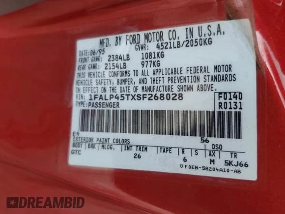 ✅ 1995 Ford Mustang • VIN: 1FALP45TXSF268028 • Лот: 63741045. Опубликован ранее на Copart с пробегом 61 515 миль. Бесплатный доступ к архиву аукционных продаж из США и подробный отчёт об истории автомобиля на DreamBid. Изображение 12.