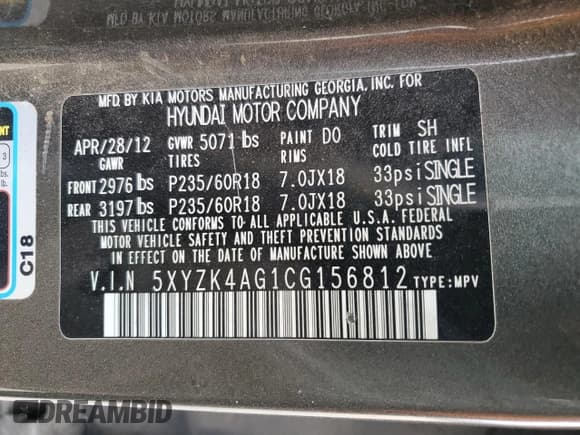 ✅ 2012 Hyundai Santa Fe Limited • VIN: 5XYZK4AG1CG156812 • Lot: 87953285. Listed on Copart with 186,428 mi. Free auction sales archive from the USA and detailed vehicle history report at DreamBid. Image 13.