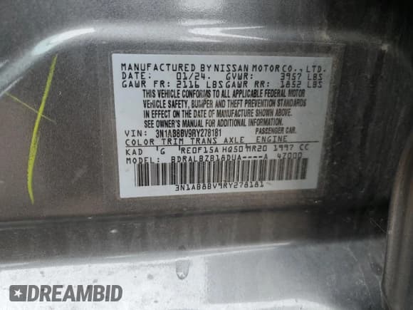 ✅ 2024 Nissan Sentra S • VIN: 3N1AB8BV9RY278181 • Lot: 82485515. Listed on Copart with 7,909 mi. Free auction sales archive from the USA and detailed vehicle history report at DreamBid. Image 12.