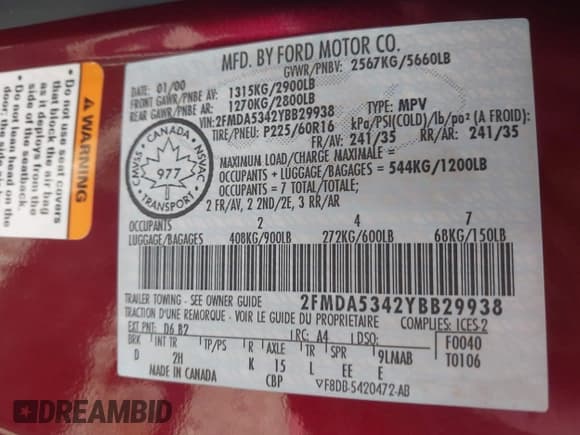 ✅ 2000 Ford Windstar SEL • VIN: 2FMDA5342YBB29938 • Lot: 43653477. Listed on IAAI with Not provided. Free auction sales archive from the USA and detailed vehicle history report at DreamBid. Image 9.