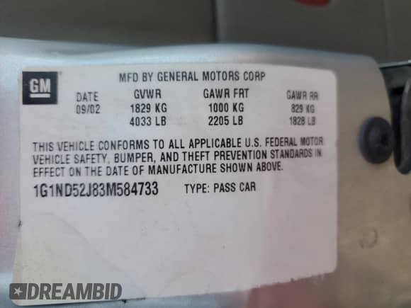 2003 Chevrolet Malibu with VIN 1G1ND52J83M584733, listed as a Copart auction lot 83348334 with 141,280 mi miles and Salvage title. Bid and sale history available at DreamBid. Image 12.