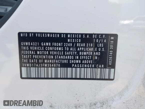 ✅ 2015 Volkswagen Jetta SE • VIN: 3VWD17AJ3FM354676 • Lot: 42324721. Listed on IAAI with 122,763 mi. Free auction sales archive from the USA and detailed vehicle history report at DreamBid. Image 9.