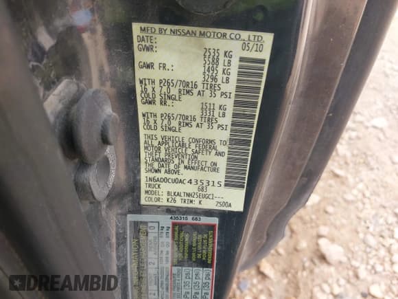 ✅ 2010 Nissan Frontier SE • VIN: 1N6AD0CU0AC435315 • Lot: 43434502. Listed on IAAI with 67,752 mi. Free auction sales archive from the USA and detailed vehicle history report at DreamBid. Image 9.