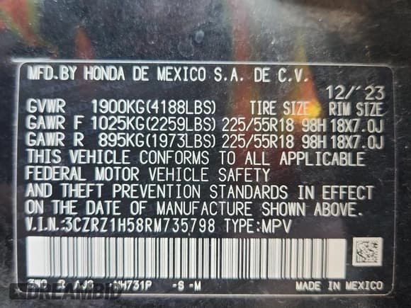 ✅ 2024 Honda HR-V Sport • VIN: 3CZRZ1H58RM735798 • Lot: 93517385. Listed on Copart with 91,016 mi. Free auction sales archive from the USA and detailed vehicle history report at DreamBid. Image 13.