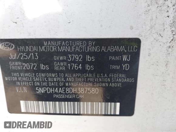 ✅ 2013 Hyundai Elantra GLS • VIN: 5NPDH4AE8DH387580 • Lot: 43845359. Listed on IAAI with 205,567 mi. Free auction sales archive from the USA and detailed vehicle history report at DreamBid. Image 9.