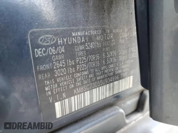 2005 Hyundai Santa Fe GLS with VIN KM8SC73D55U934996, listed as a Copart auction lot 84144294 with 252,402 mi miles and Salvage title. Bid and sale history available at DreamBid. Image 15.