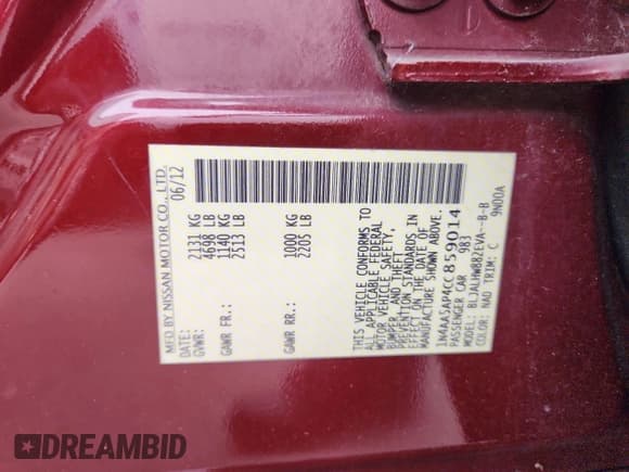 ✅ 2012 Nissan Maxima SV • VIN: 1N4AA5AP4CC859014 • Лот: 92188325. Опубликован ранее на Copart с пробегом 175 539 миль. Бесплатный доступ к архиву аукционных продаж из США и подробный отчёт об истории автомобиля на DreamBid. Изображение 12.