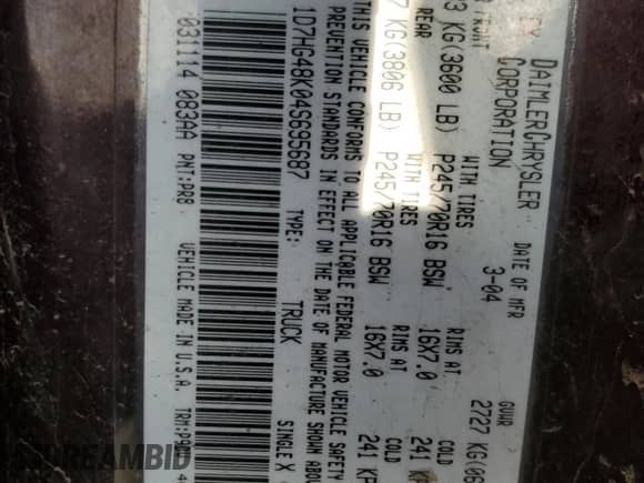 2004 Dodge Dakota SLT z VIN 1D7HG48K04S695687, wystawiony jako Copart lot #76796454 z przebiegiem 187 146 mil mil oraz Szkoda całkowita • Salvage title. Historia ofert i sprzedaży dostępna na DreamBid. Obrazek 12.