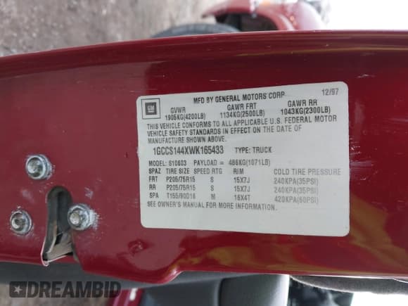 ✅ 1998 Chevrolet S-10 • VIN: 1GCCS144XWK165433 • Лот: 43886315. Опубликован ранее на IAAI с пробегом 107 123 миль. Бесплатный доступ к архиву аукционных продаж из США и подробный отчёт об истории автомобиля на DreamBid. Изображение 9.