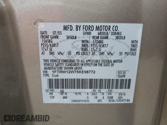 ✅ 2005 Ford F-150 XLT • VIN: 1FTRW12W75KE98772 • Лот: 89814845. Опубликован ранее на Copart с пробегом 358 961 миль. Бесплатный доступ к архиву аукционных продаж из США и подробный отчёт об истории автомобиля на DreamBid. Изображение 12.