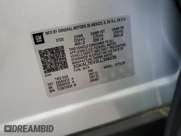 ✅ 2020 GMC Terrain SLE • VIN: 3GKALTEV2LL308235 • Лот: 45690675. Опубликован ранее на Copart с пробегом 56 624 миль. Бесплатный доступ к архиву аукционных продаж из США и подробный отчёт об истории автомобиля на DreamBid. Изображение 13.