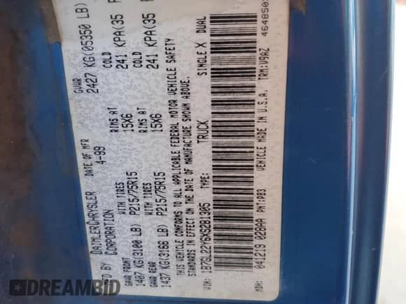 1999 Dodge Dakota SLT with VIN 1B7GL22Y6XS281305, listed as a Copart auction lot 44048825 with 298,017 mi miles and Salvage title. Bid and sale history available at DreamBid. Image 14.