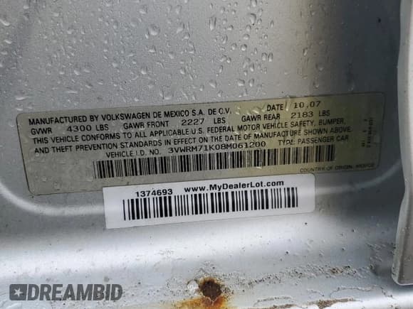 ✅ 2008 Volkswagen Jetta SE • VIN: 3VWRM71K08M061200 • Lot: 79736514. Listed on Copart with 118,751 mi. Free auction sales archive from the USA and detailed vehicle history report at DreamBid. Image 12.