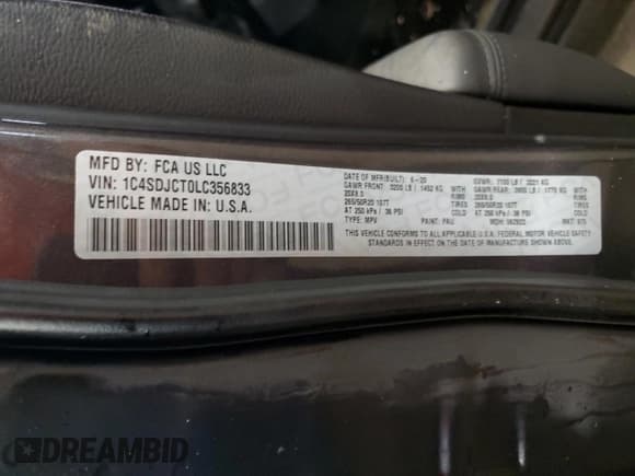 ✅ 2020 Dodge Durango R/T • VIN: 1C4SDJCT0LC356833 • Lot: 71059595. Listed on Copart with Not provided. Free auction sales archive from the USA and detailed vehicle history report at DreamBid. Image 13.